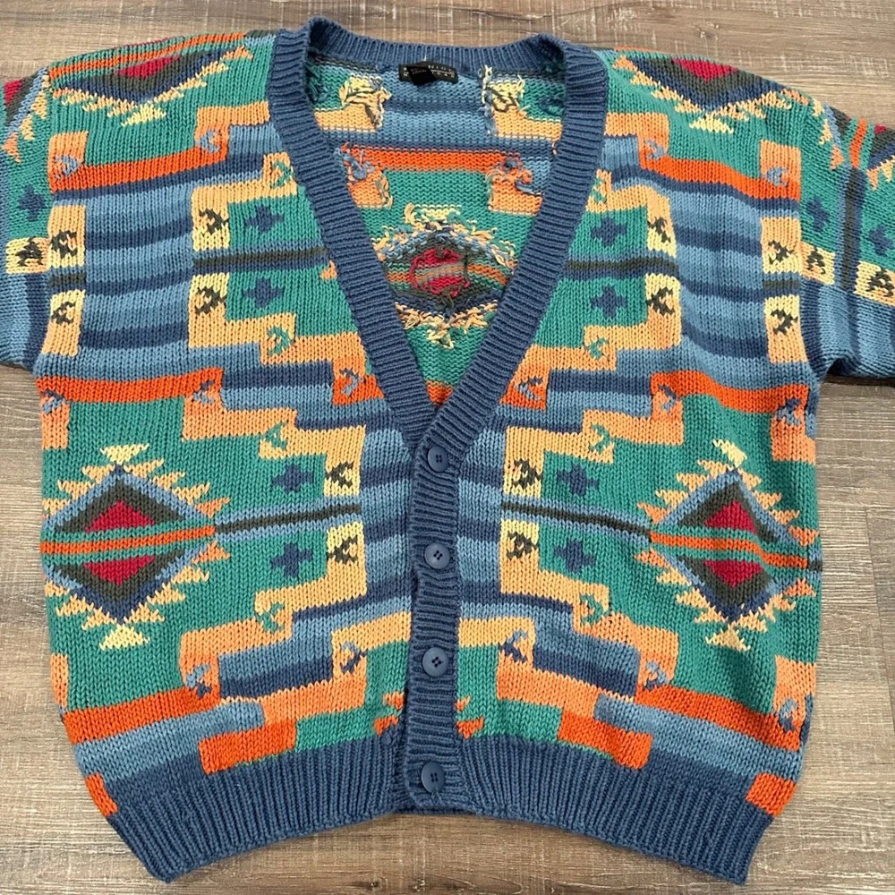 Vtg 90s Southwestern Aztec Grandpa Knit Button Front Cardigan Sweater Mens XL
